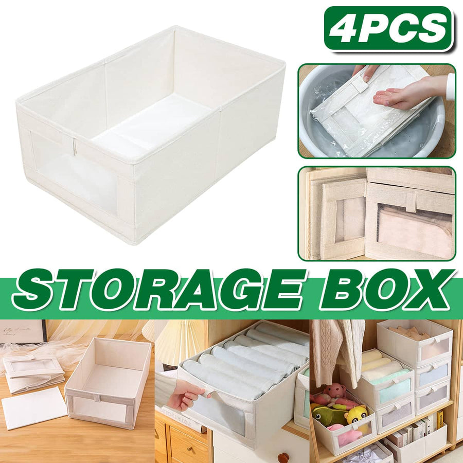Foldable Cotton Linen Storage Boxes with Window - Beige, Pack of 4