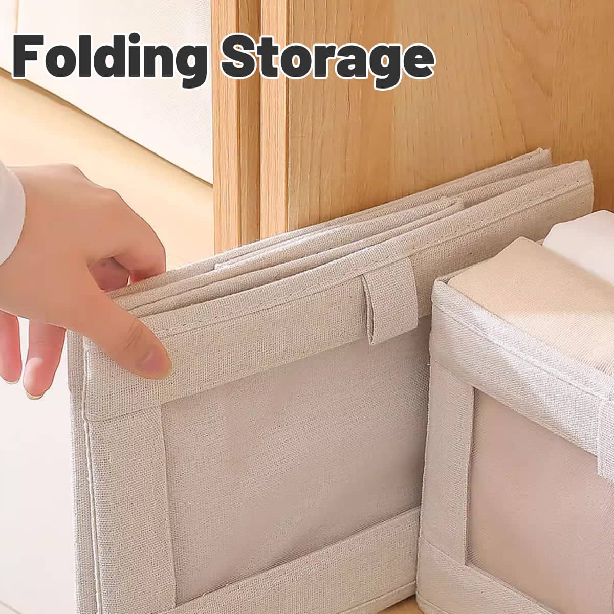 Foldable Cotton Linen Storage Boxes with Window - Beige, Pack of 4 - view 5