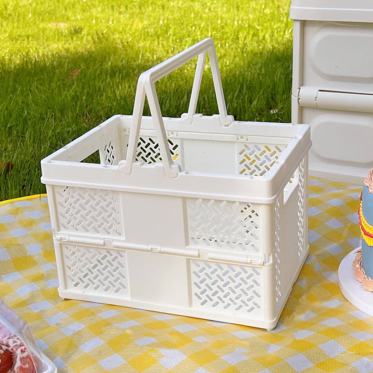 Foldable Desktop Storage Basket with Handles, 12.5 x 13.5 x 18.6 cm - Light Peach - view 5