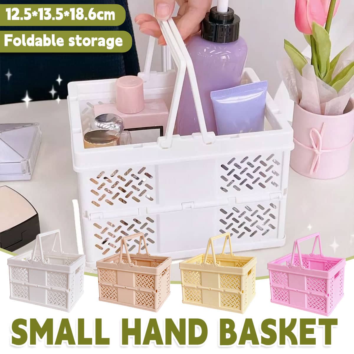 Foldable Desktop Storage Basket with Handles, 12.5 x 13.5 x 18.6 cm - Light Yellow - view 2
