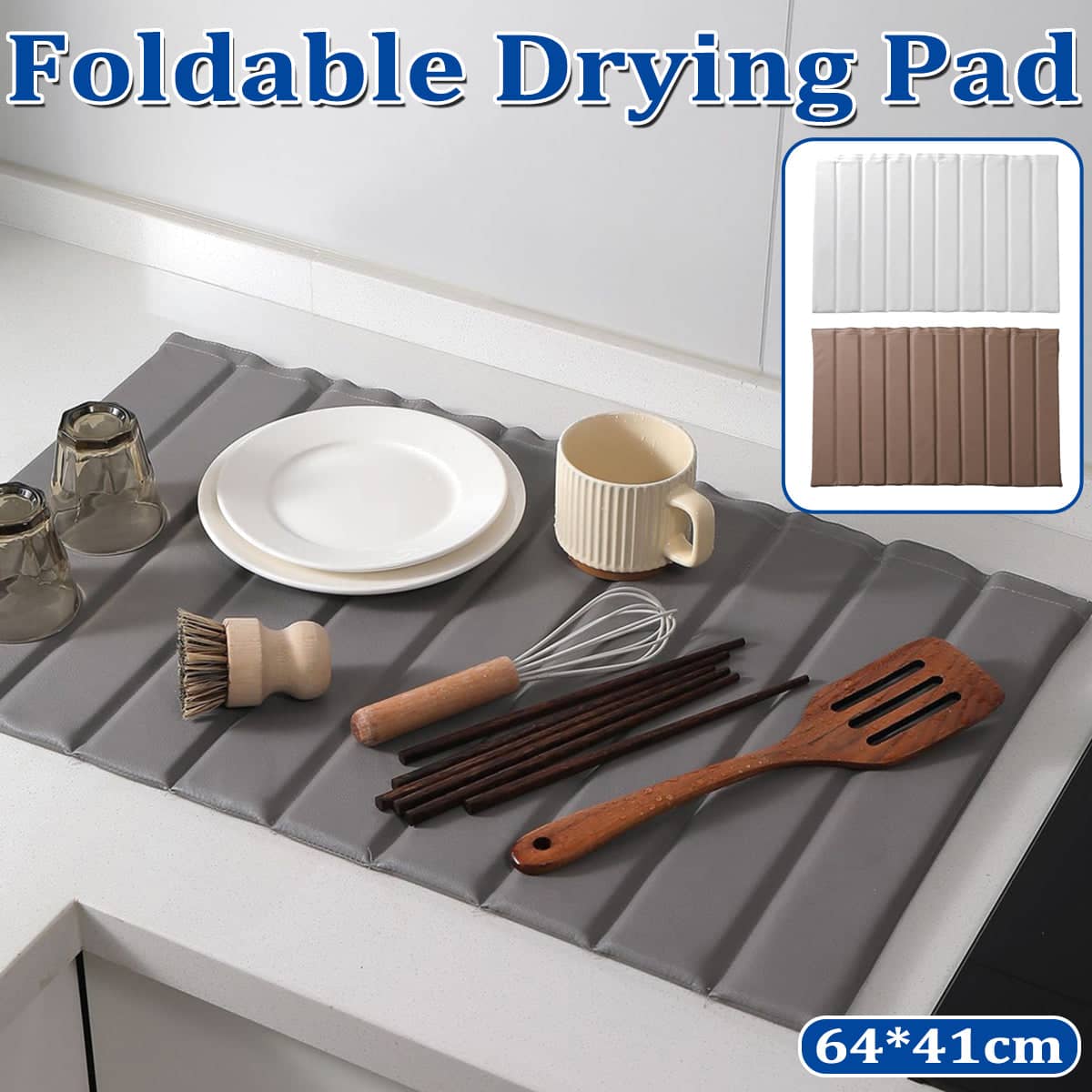 Foldable Diatomite Dish Drying Mat for Kitchen Countertop, Absorbent 64 x 41 cm - Grey - view 2
