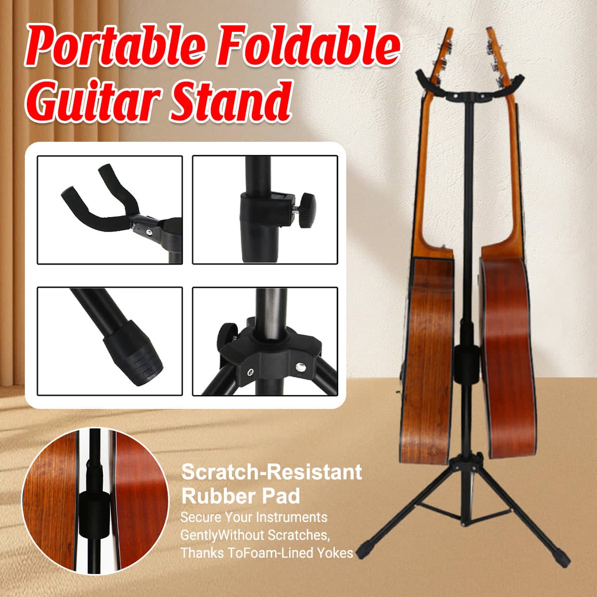 Foldable Double Head Guitar Stand Adjustable Floor Rack with Sponge Cushions - Black