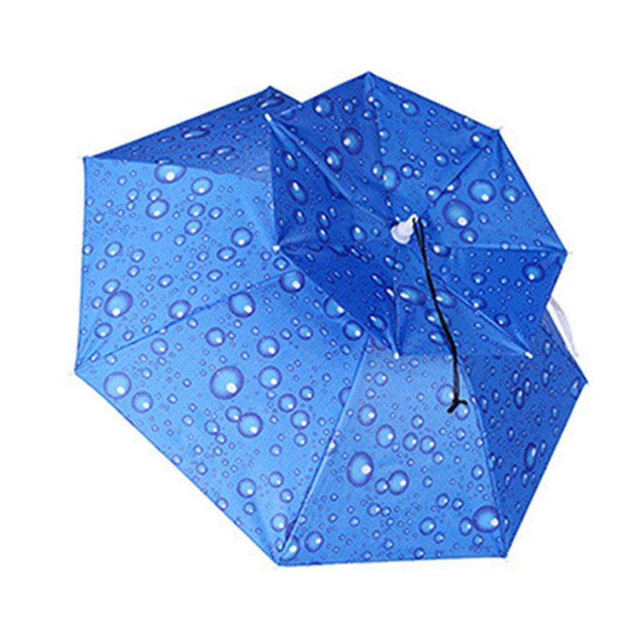 Foldable Double-Layer Fishing Umbrella Hat - Blue Raindrop Print