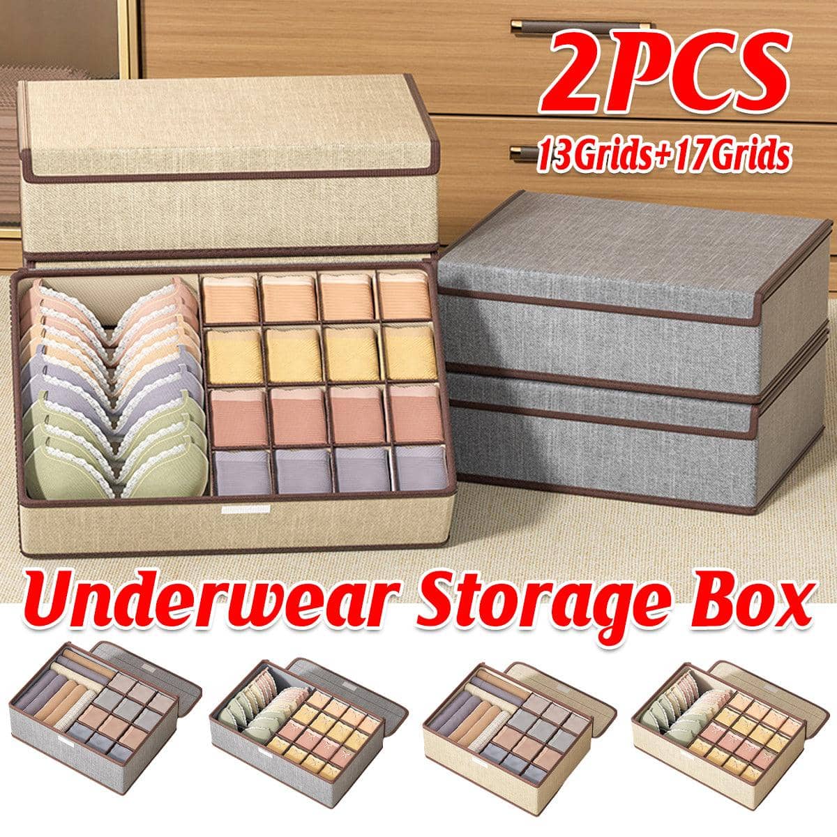 Foldable Drawer Organiser Boxes for Socks and Underwear, Set of 2 - Beige - view 2