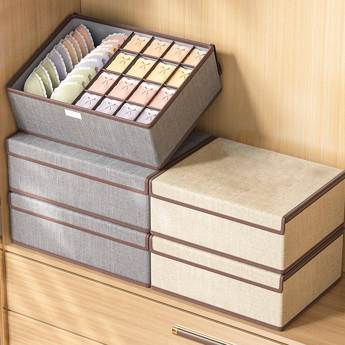 Foldable Drawer Organiser Boxes for Socks and Underwear, Set of 2 - Beige - view 5