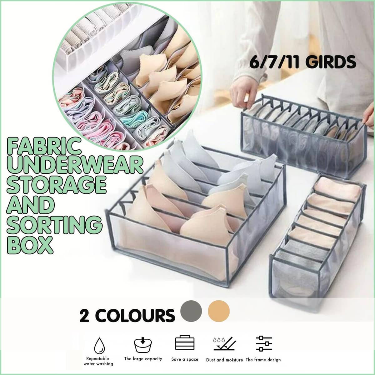 Foldable Drawer Organiser Divider - Grey with 11 Boxes (11 Grid Socks Box) - view 2