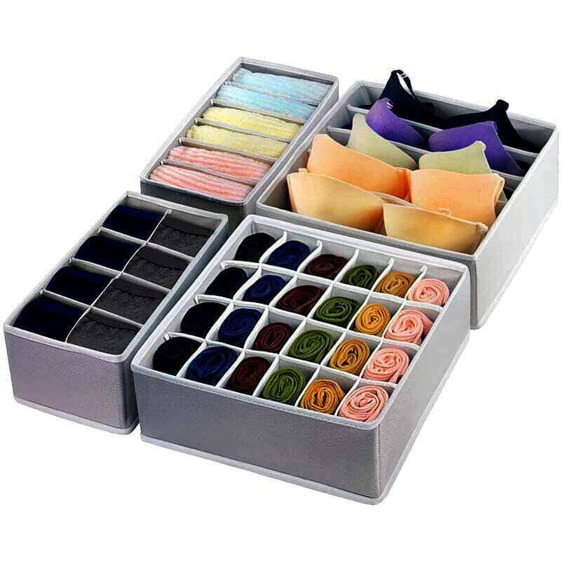 Foldable Drawer Organiser Set for Bras, Socks and Underwear - Grey, Set of 4