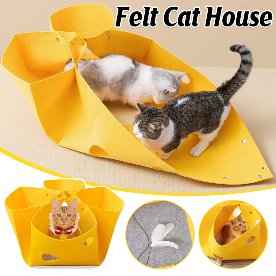 Foldable Felt Cat Nest Semi Enclosed Cat Tunnel and House Bed with Feather Toy