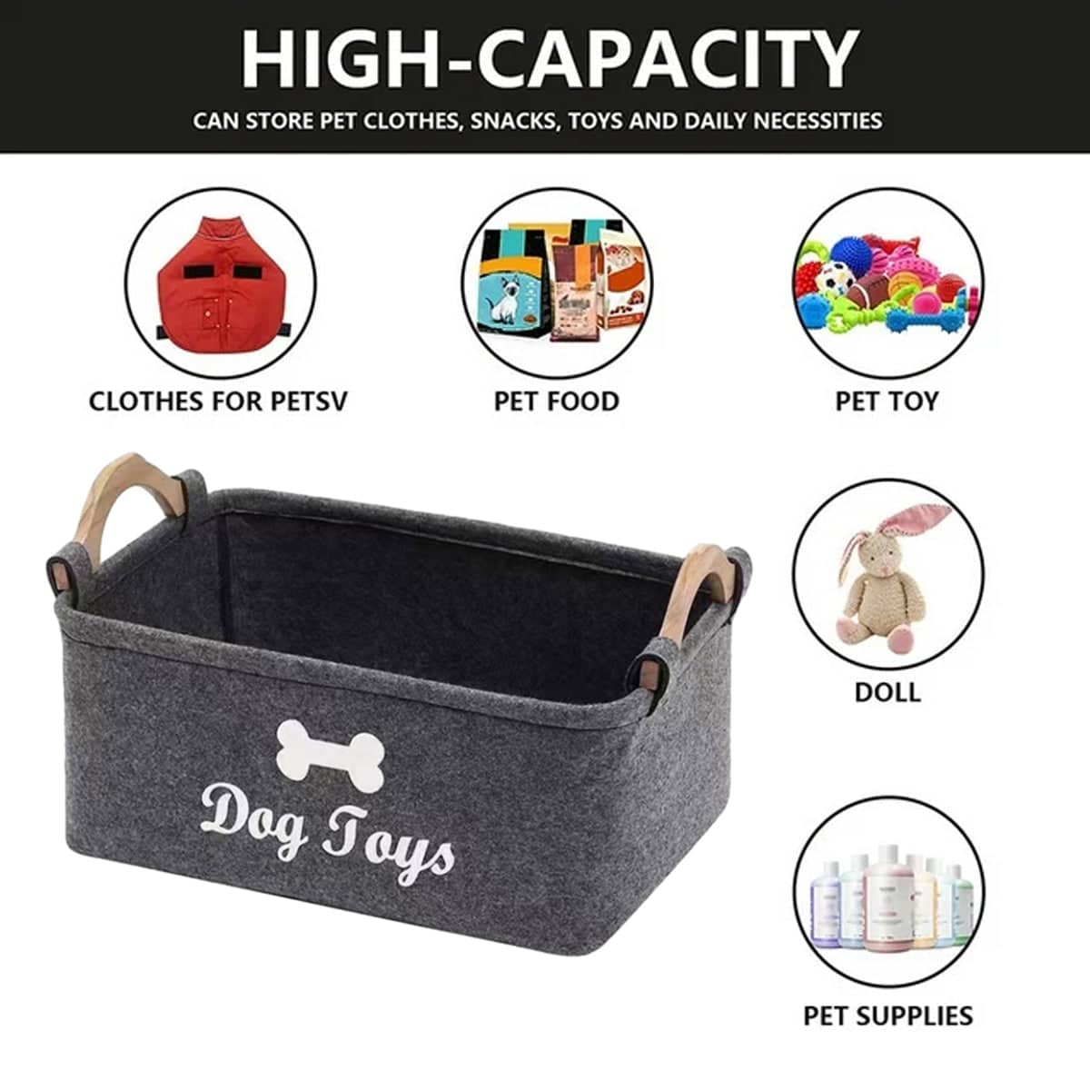 Foldable Felt Storage Baskets with Wooden Handles Set of 2 for Home Office - view 4