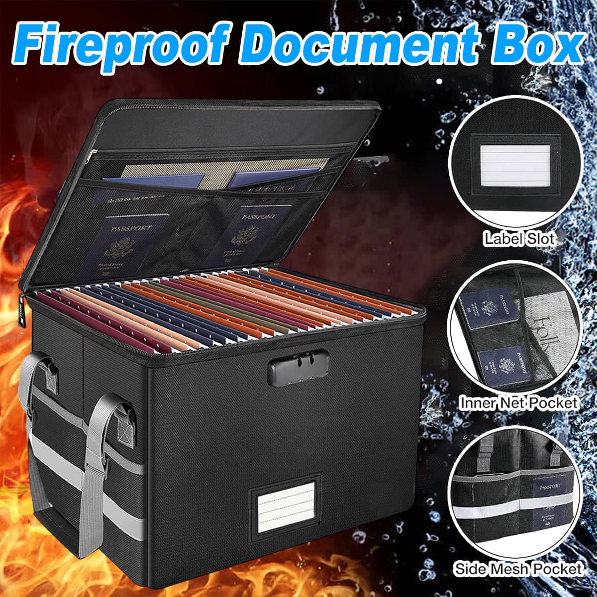 Foldable Fireproof Lockable File Box for Documents, Black, 39.5 x 30.5 x 26.5 cm