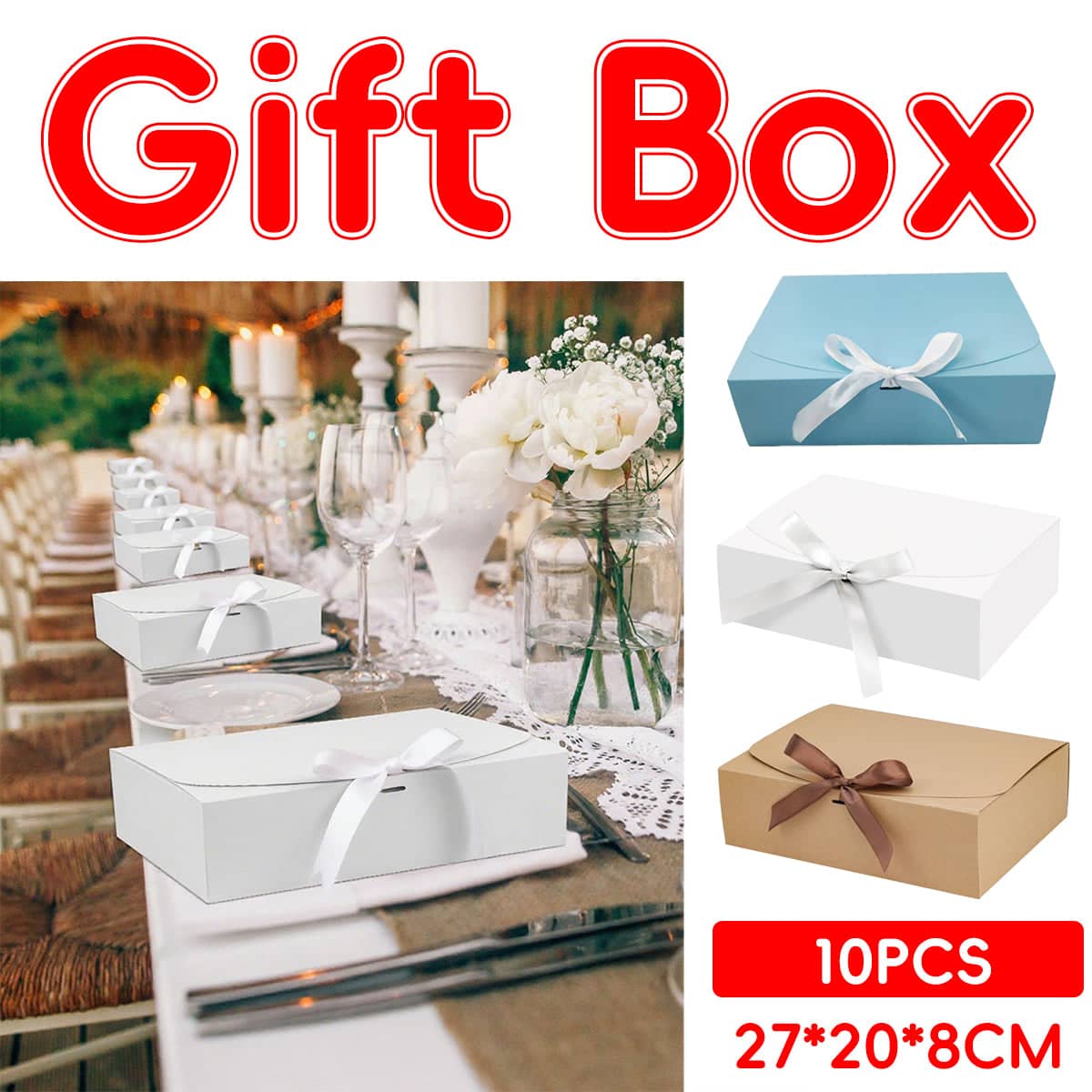 Foldable Gift Boxes with Ribbon Bow, Pack of 10 - White - view 2