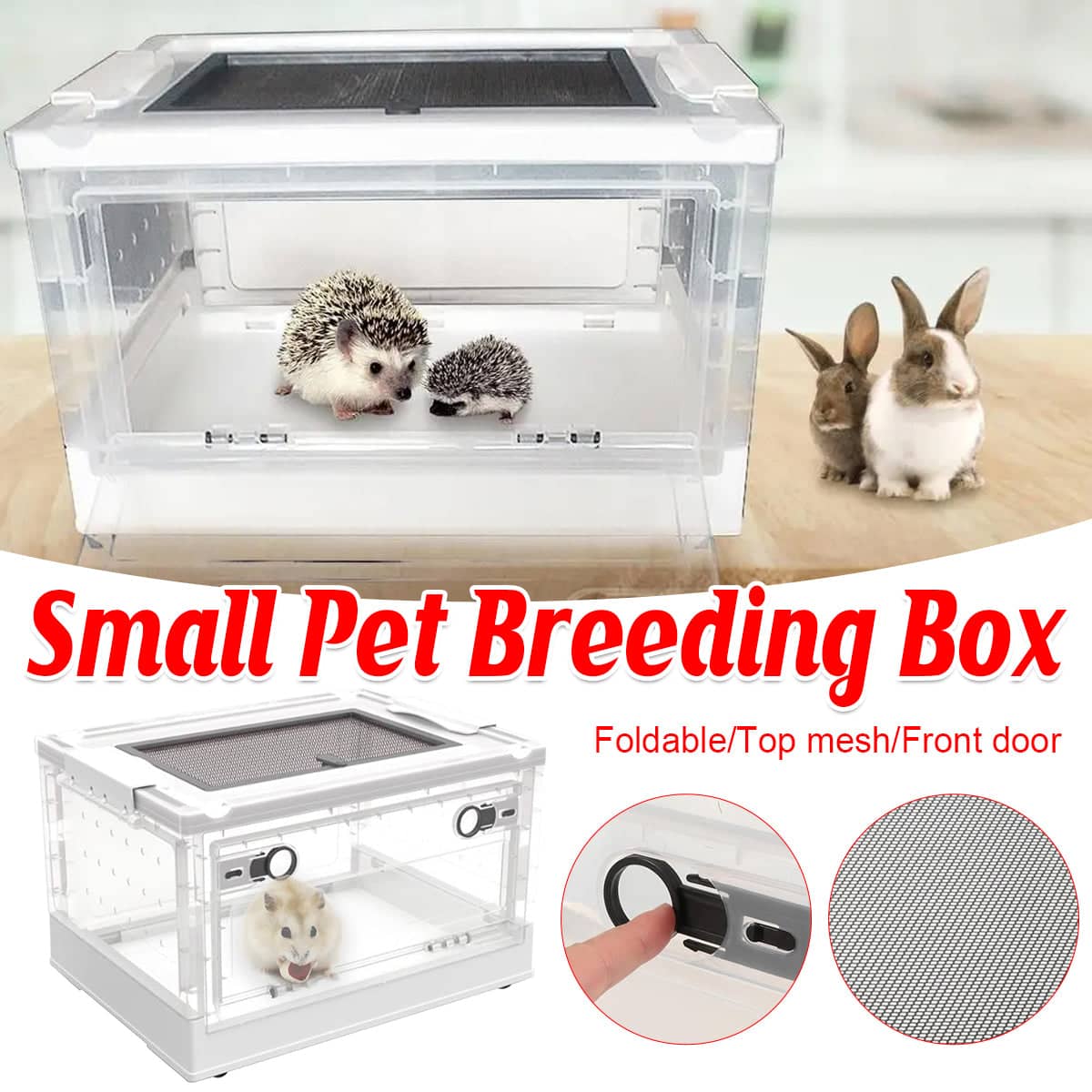 Foldable Hamster Breeding Box, Clear Small Pet Habitat with Mesh Top