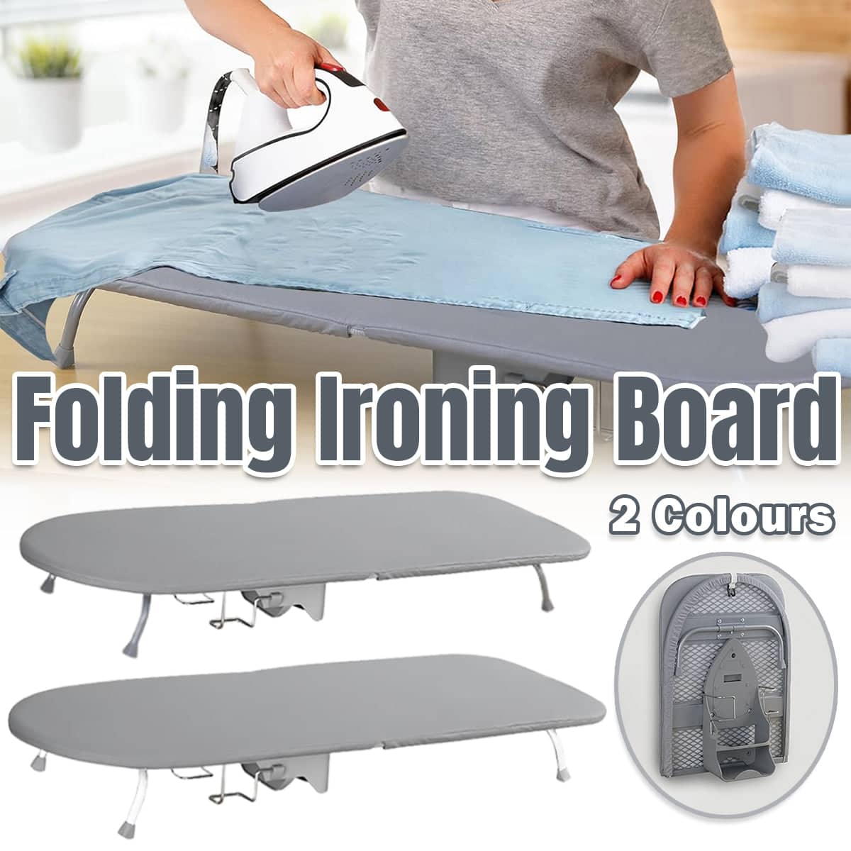 Foldable Ironing Board with Iron Holder and Wall Mount, Compact Laundry Press - Grey and White - view 2
