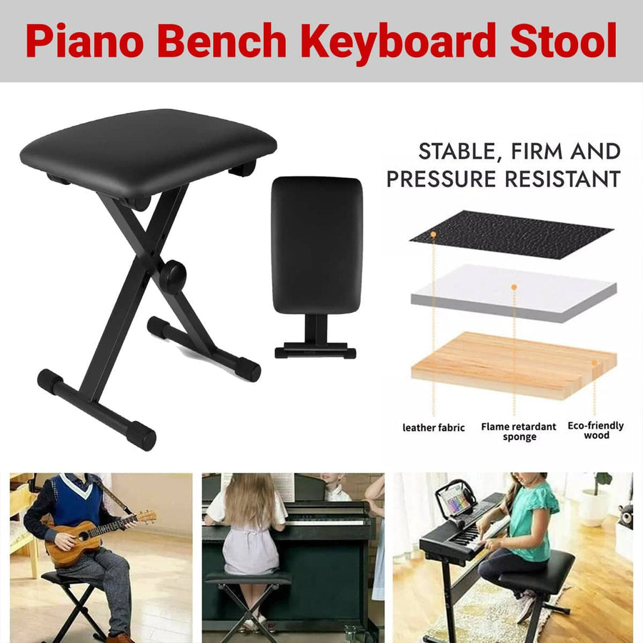 Foldable Keyboard Stool, 3-Level Adjustable Height Piano Bench - Black