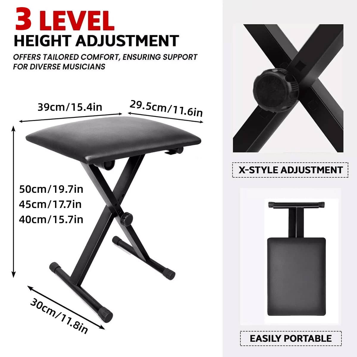 Foldable Keyboard Stool, 3-Level Adjustable Height Piano Bench - Black - view 3