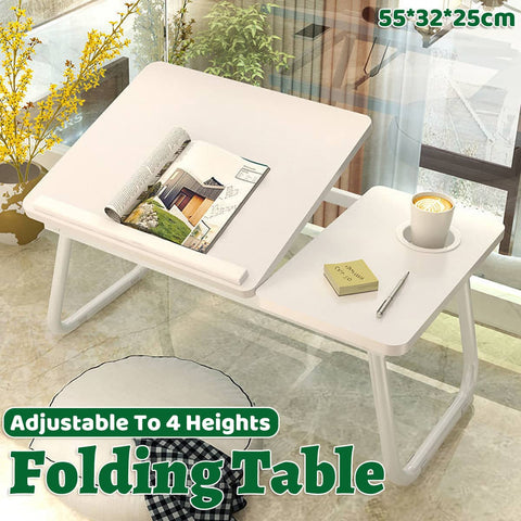 Foldable Laptop Bed Table Bedside Desk for Dorm Study with Cup Holder, White