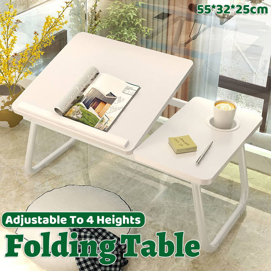 Foldable Laptop Bed Table Bedside Desk for Dorm Study with Cup Holder, White