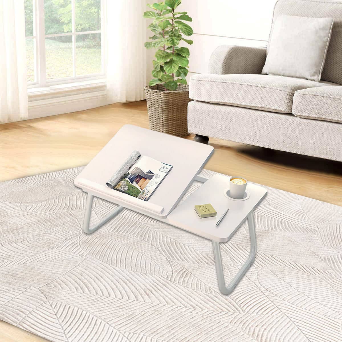 Foldable Laptop Bed Table Bedside Desk for Dorm Study with Cup Holder, White - view 4