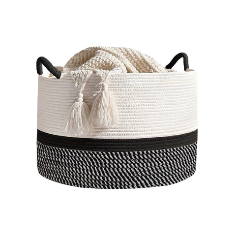 Foldable Large Cotton Rope Laundry Basket Dirty Clothes Hamper with Knot Handles - Black