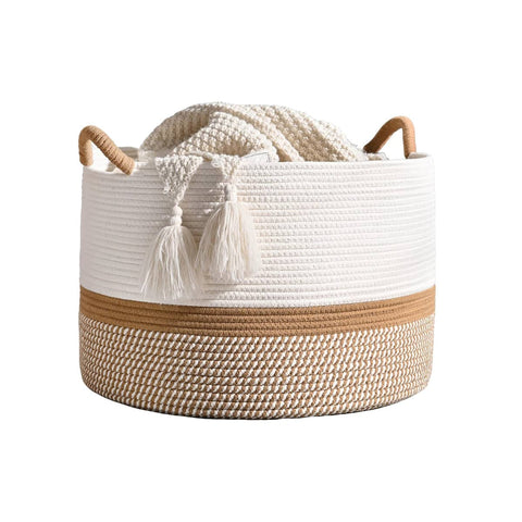 Foldable Large Cotton Rope Laundry Basket Dirty Clothes Hamper with Knot Handles - Yellow