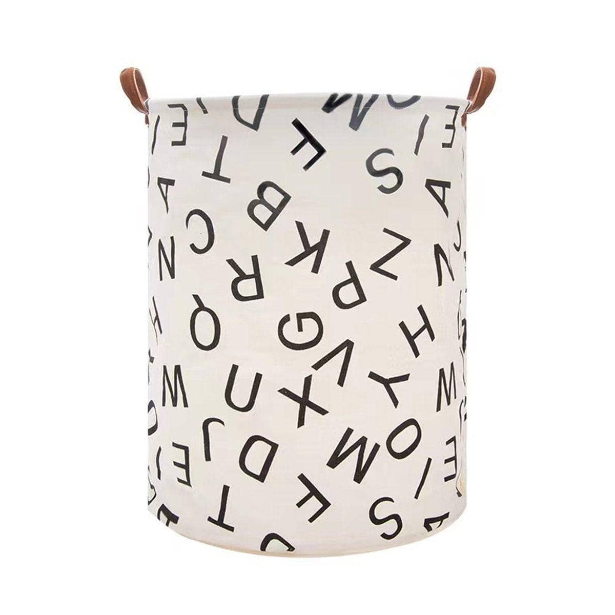 Foldable Laundry Basket with Handles, Waterproof Fabric - White with Black Letters