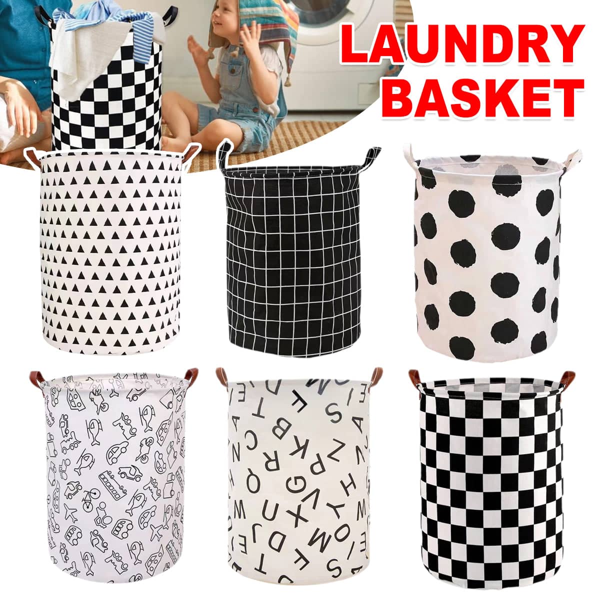 Foldable Laundry Basket with Handles, Waterproof Fabric - White with Black Letters - view 2