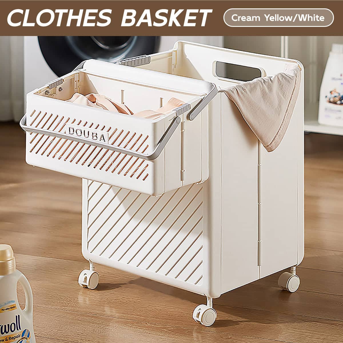 Foldable Laundry Hamper with Locking Swivel Wheels - White - view 2