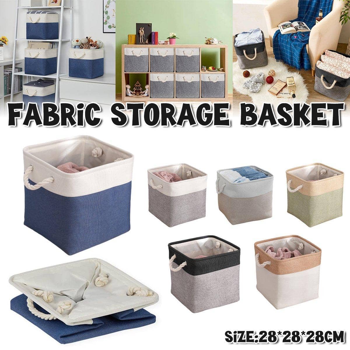 Foldable Linen Fabric Laundry Basket - White Top and Khaki Base - view 2