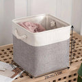Foldable Linen Fabric Laundry Basket - White Top and Khaki Base - view 4