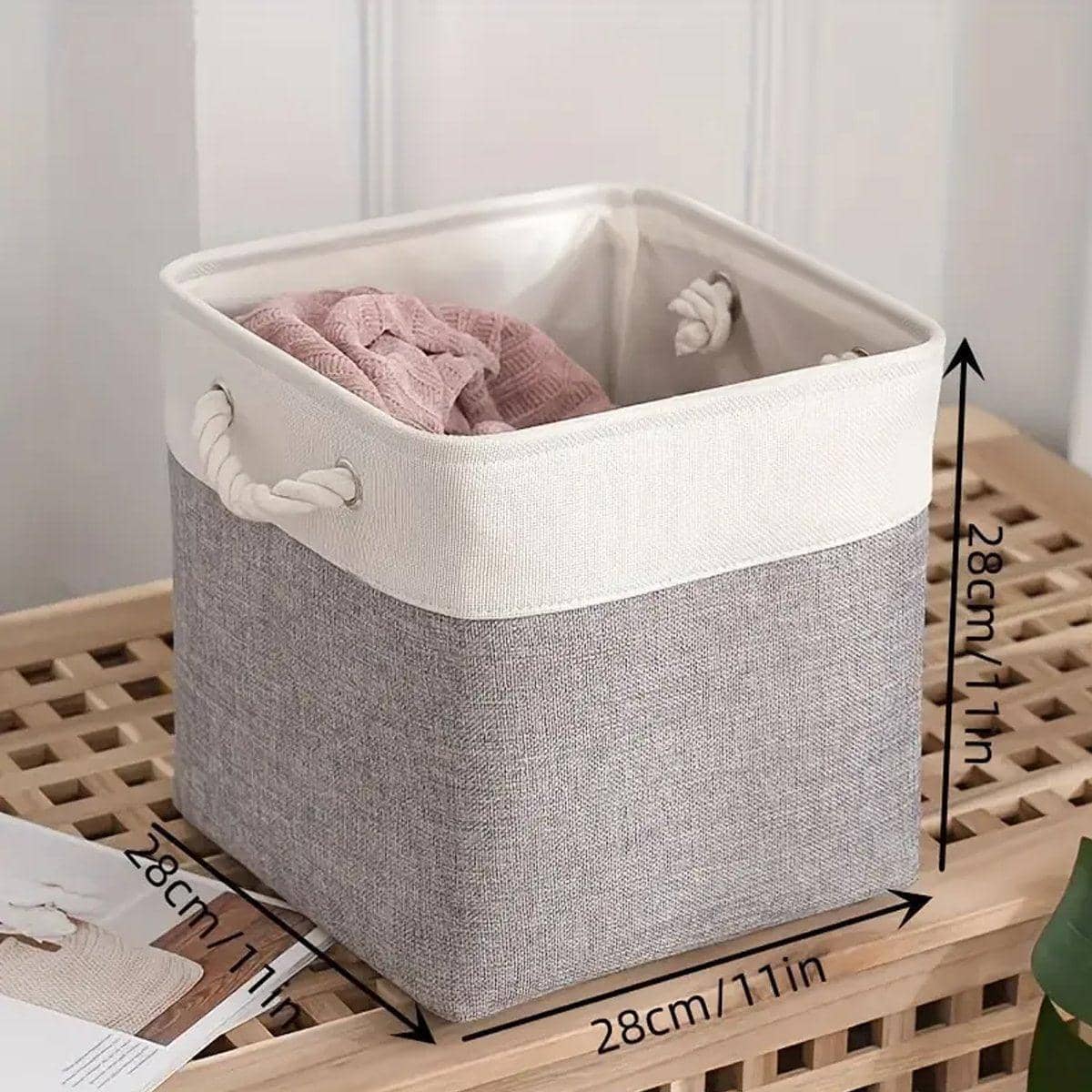 Foldable Linen Fabric Laundry Basket - White Top and Khaki Base - view 4