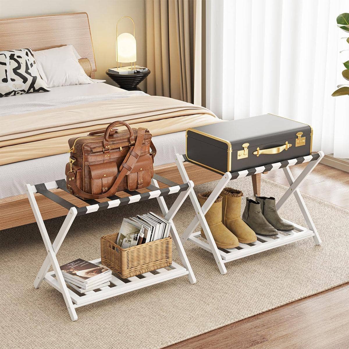 Foldable Luggage Rack Stand, White Bamboo with Bottom Shelf for Bedroom - view 4