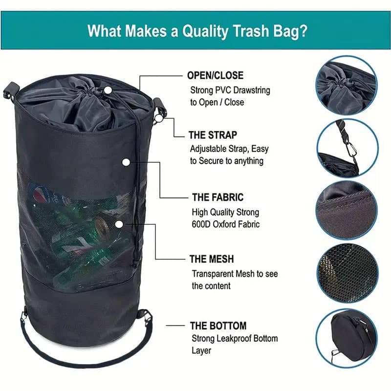 Foldable Marine Trash Bag with Mesh Pocket, Yacht Garbage Bag and Storage Net 56 x 26 cm - view 4