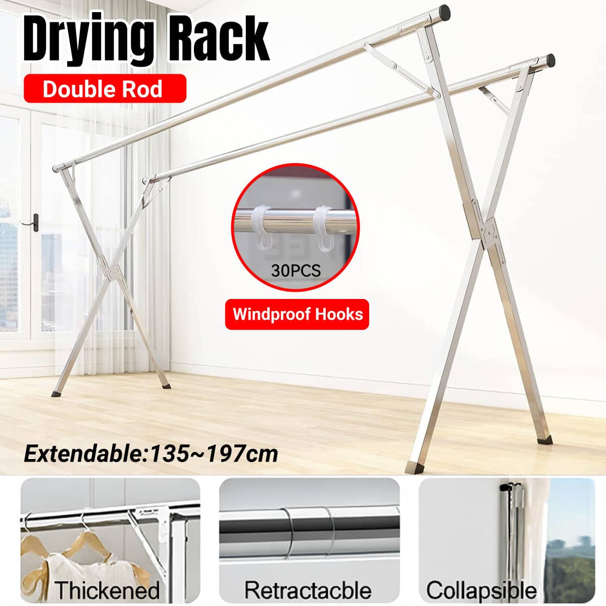 Foldable Metal Drying Rack Sturdy and Stable for Indoor and Outdoor Balcony Use