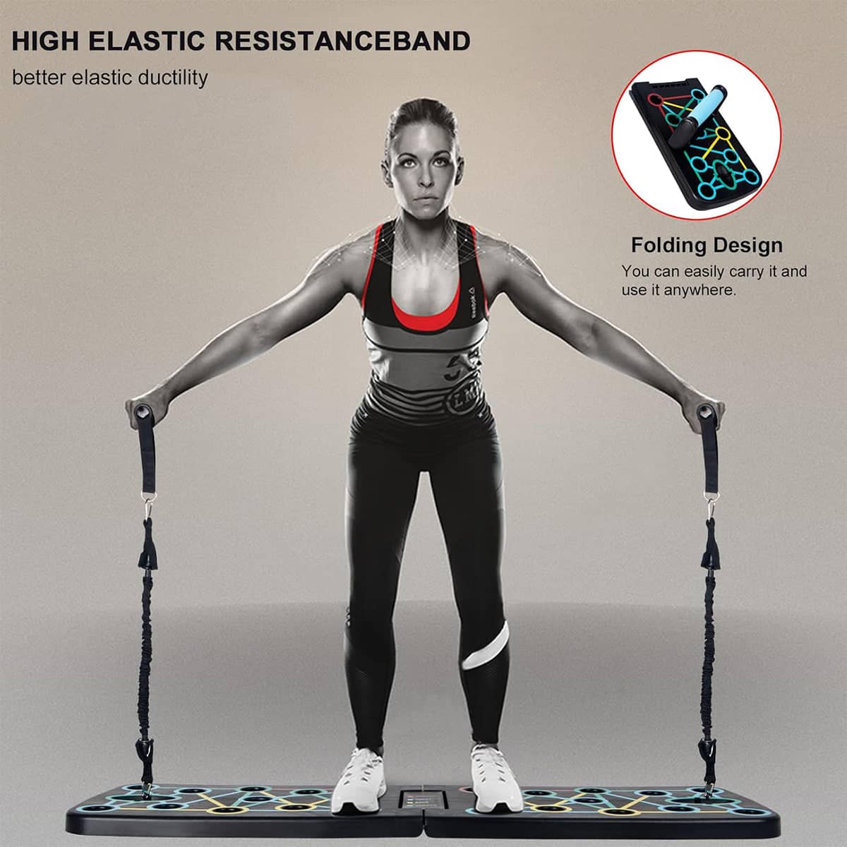 Foldable Multi-Function Push-Up Board with Resistance Bands - Black - view 4