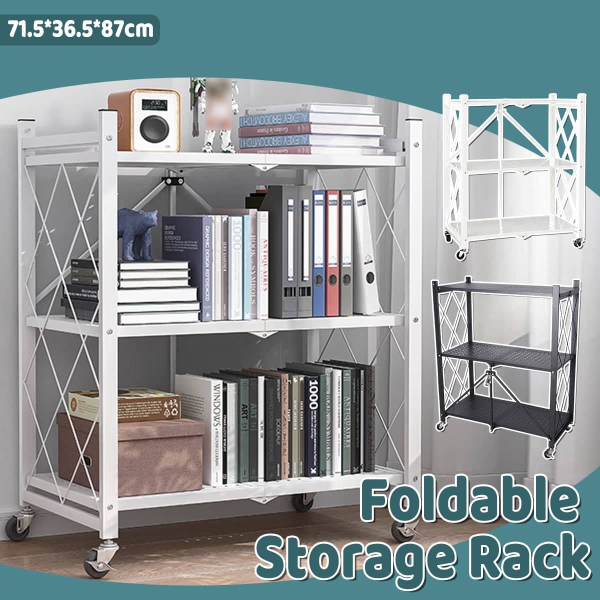 Foldable Multi Layer Storage Rack with Wheels, No Installation Needed - White - view 2