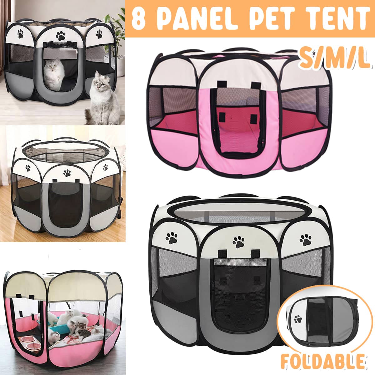 Foldable Octagonal Pet Pen with Mesh Panels - Large, Pink (114 cm Diameter) - view 2