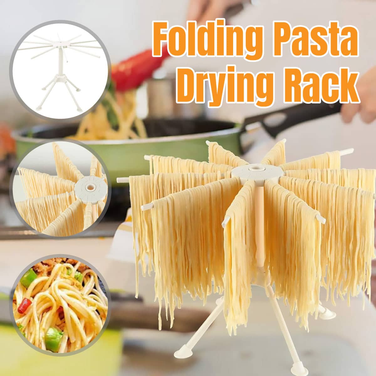 Foldable Pasta Drying Rack with 10 Bars, Plastic Spaghetti and Noodle Dryer for Home Kitchen