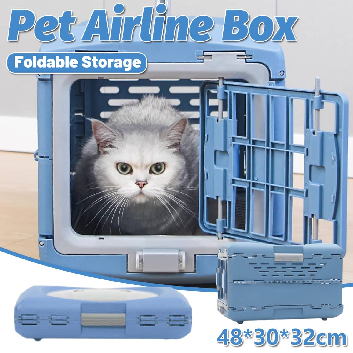 Foldable Pet Carrier Airline Box for Small Cats and Dogs, Portable Travel Cage - Blue
