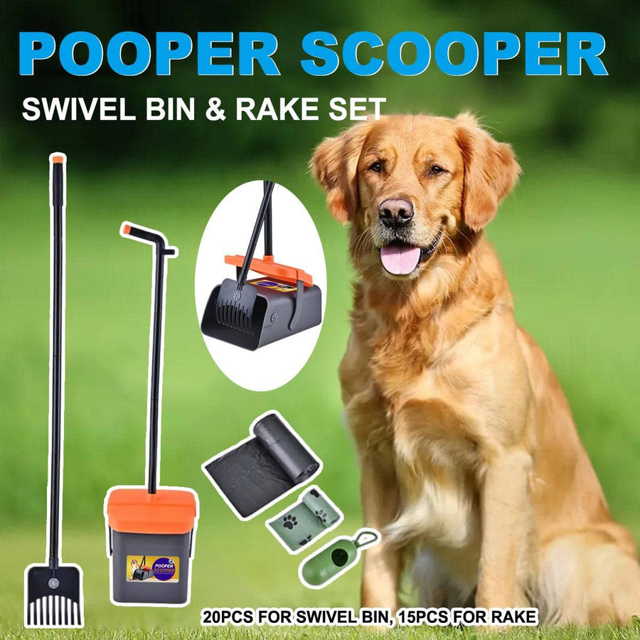 Foldable Pet Waste Scooper Set with Swivel Bin and Long-Handled Rake