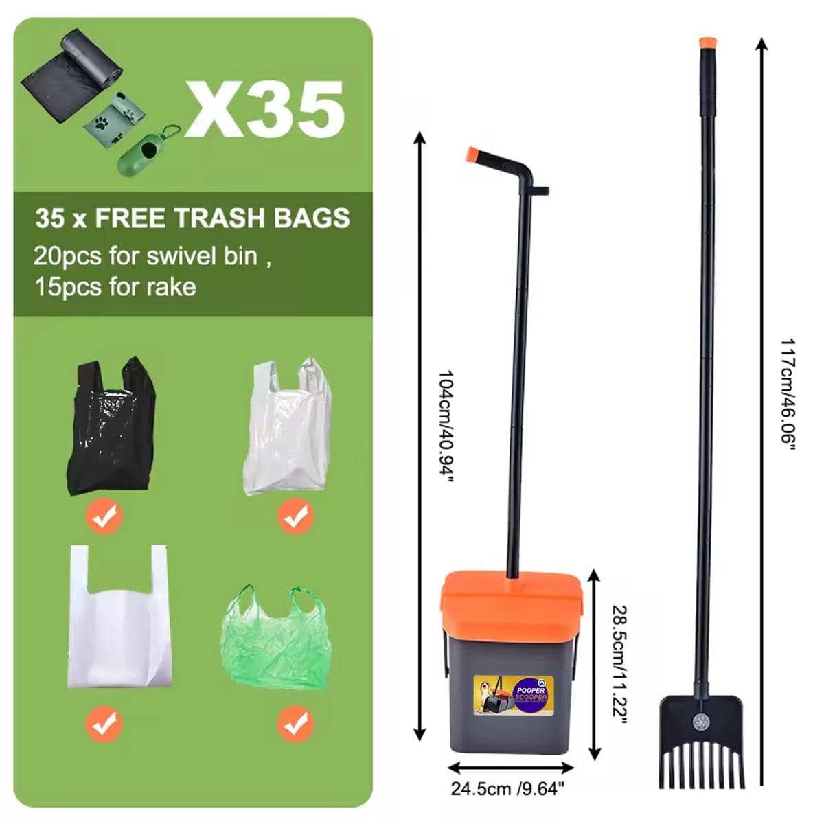 Foldable Pet Waste Scooper Set with Swivel Bin and Long-Handled Rake - view 3