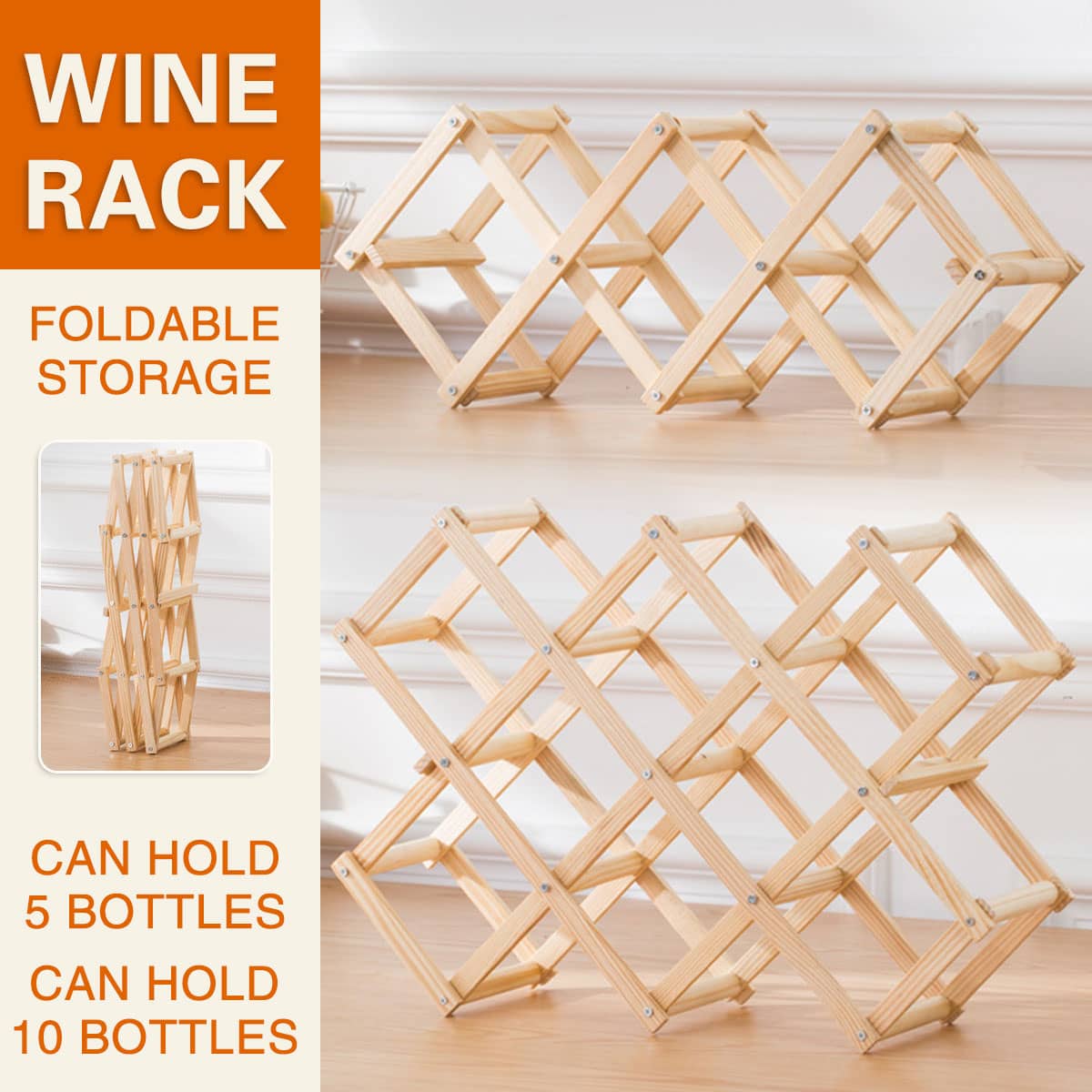 Foldable Pine Wood Wine Rack for 5 Bottles - 45 x 16.5 cm - view 2