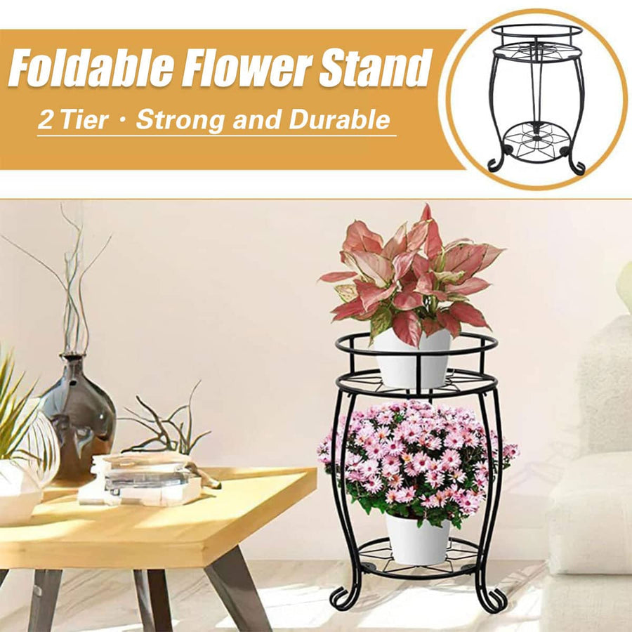Foldable Plant Stand 2 Tier Metal Flower Shelf for Indoor and Outdoor Garden Use