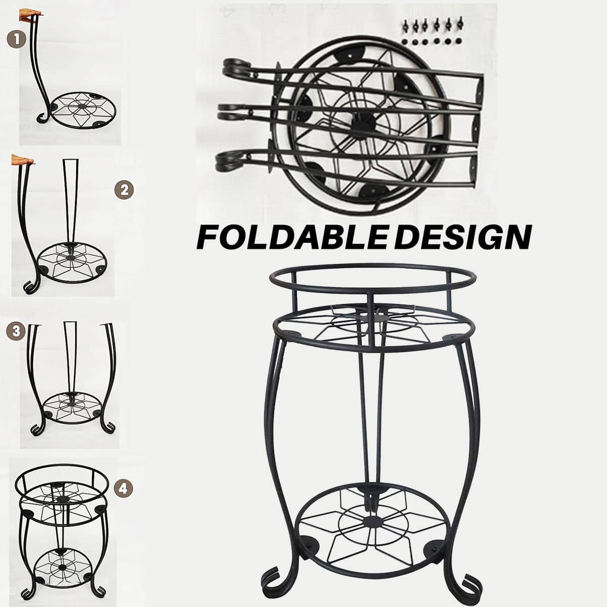 Foldable Plant Stand 2 Tier Metal Flower Shelf for Indoor and Outdoor Garden Use - view 4