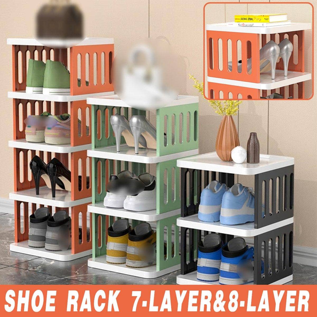 Foldable Plastic Shoe Rack - Orange, 7 Tier - view 2