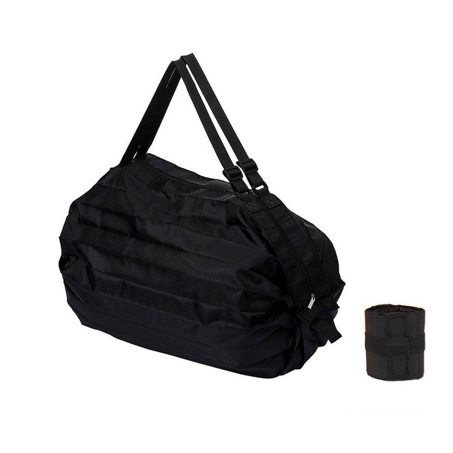 Foldable Reusable Shopping Bag, Waterproof Nylon Shoulder Tote - Black