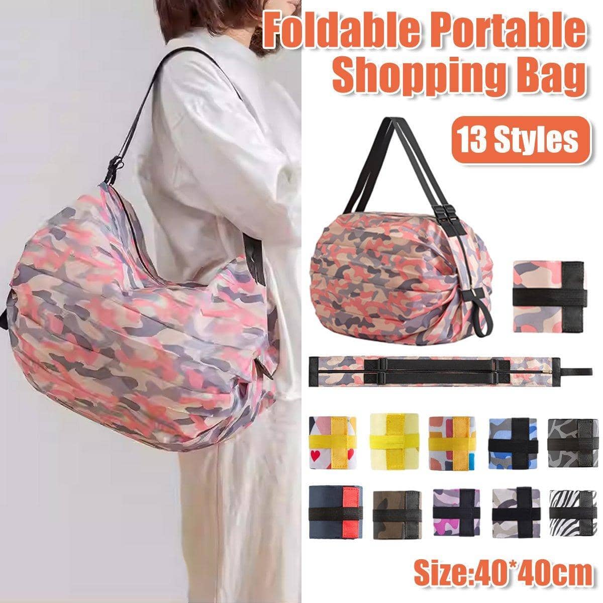 Foldable Reusable Shopping Bag, Waterproof Nylon Shoulder Tote - Black - view 2