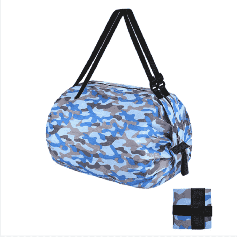 Foldable Reusable Shopping Bag, Waterproof Nylon Shoulder Tote - Blue Camouflage