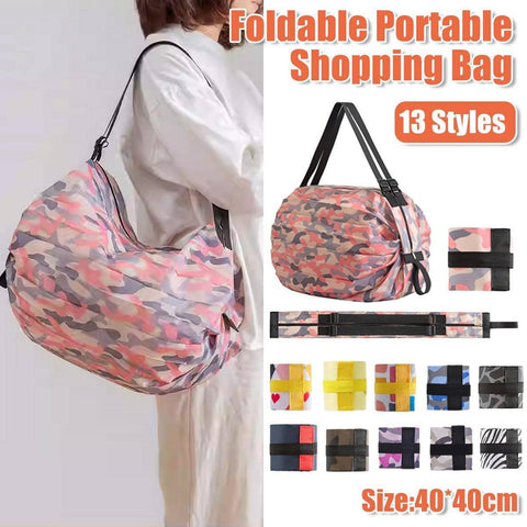 Foldable Reusable Shopping Bag, Waterproof Nylon Shoulder Tote - Navy Blue - view 2