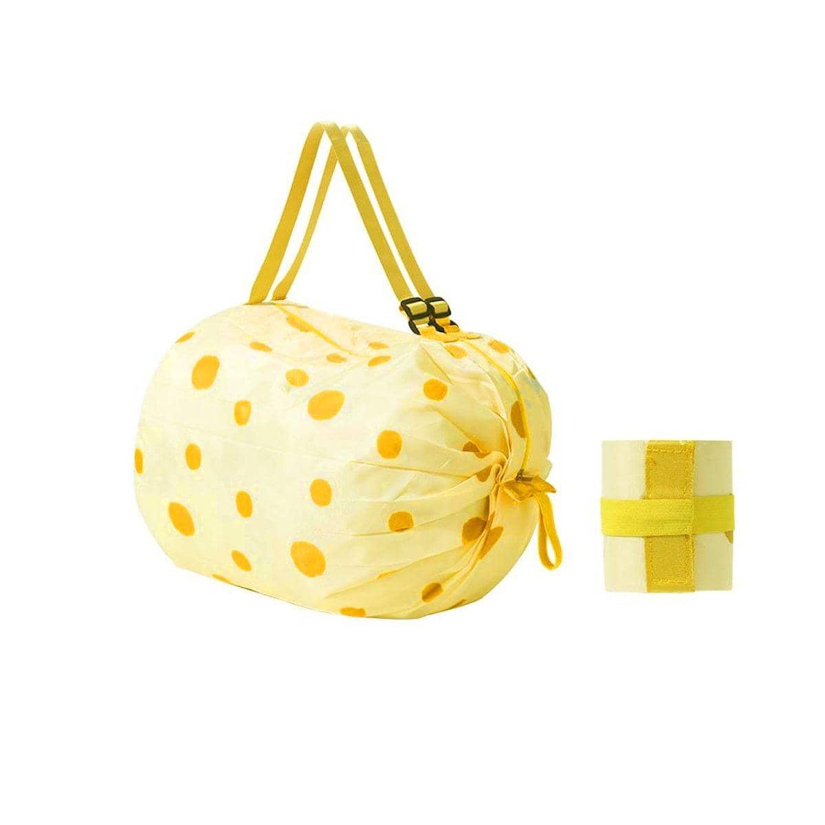 Foldable Reusable Shopping Bag, Waterproof Nylon Shoulder Tote - Yellow Polka Dots