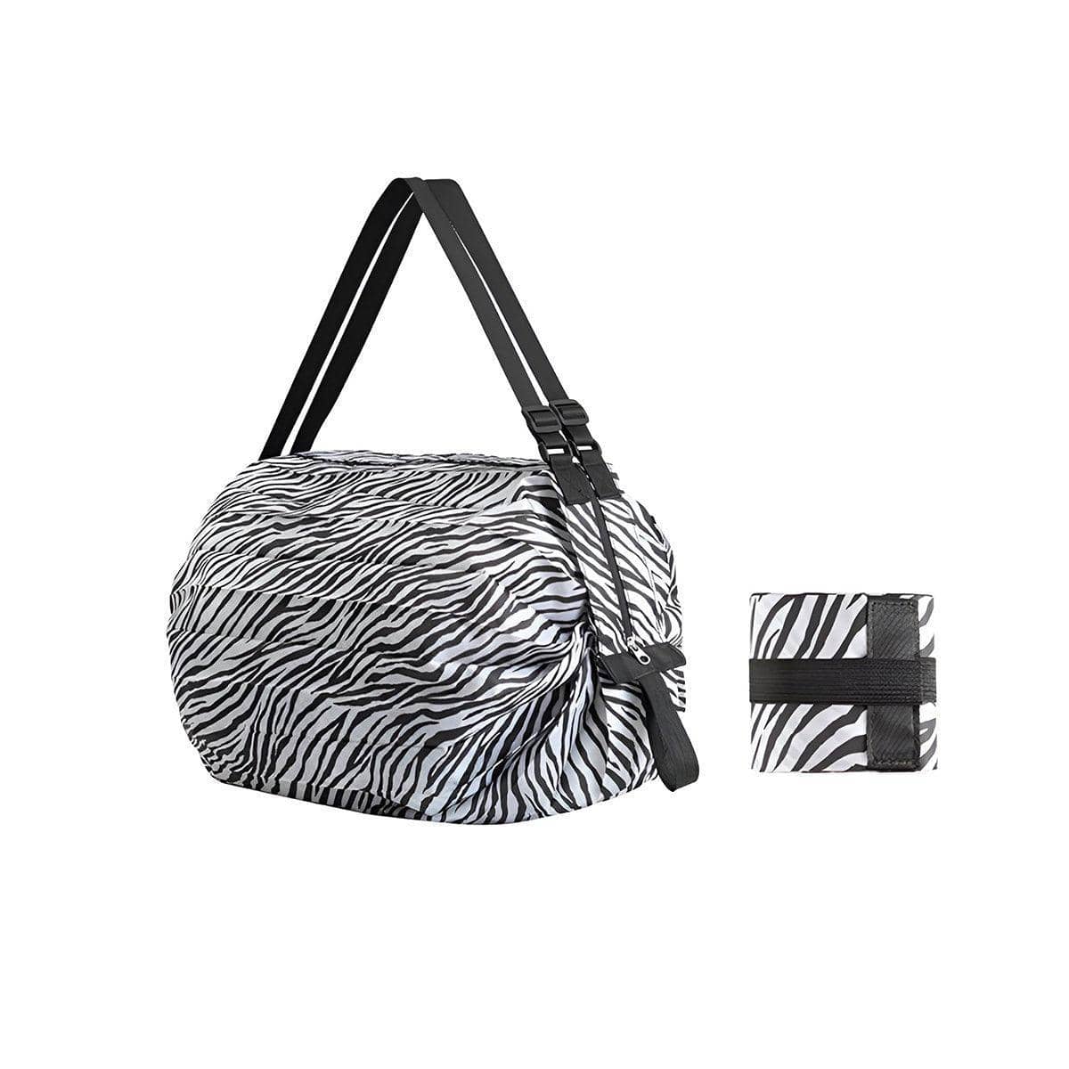 Foldable Reusable Shopping Bag, Waterproof Nylon Shoulder Tote - Zebra Pattern
